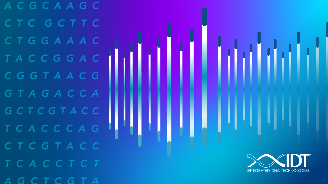 Digital illustration featuring a background with sequences of DNA bases (A, C, G, T) arranged in rows on the left side. In the center and right, a series of vertical gradient bars resembling a DNA sequencing readout or chromatogram are displayed, varying in height. The color scheme transitions from deep blue to vibrant purple and cyan. The bottom right corner contains the logo of Integrated DNA Technologies (IDT), with a stylized DNA helix and the company name written below it.